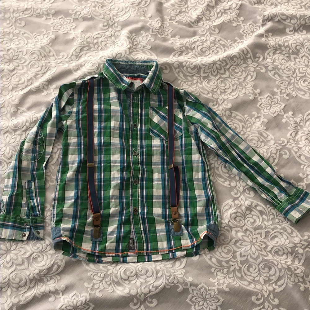 Kids Green Classic Plaid Style Shirt Dinosaur